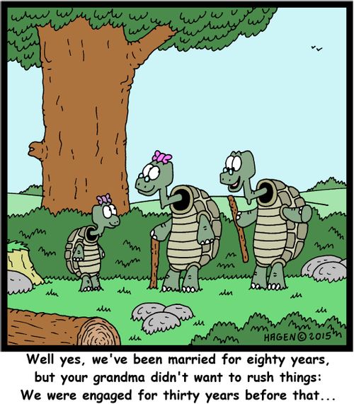 "Well yes, we've been married for eighty years, but your grandma didn't want to rush things: We were engaged for thirty years before that..."