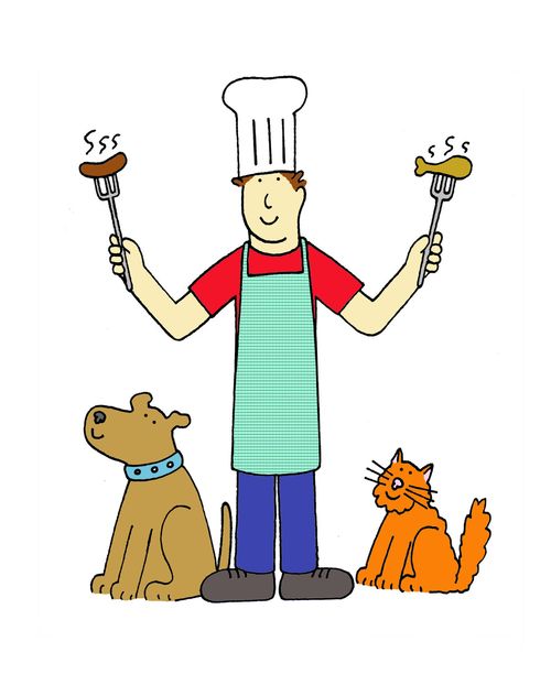 Barbecue with man, cat and dog.