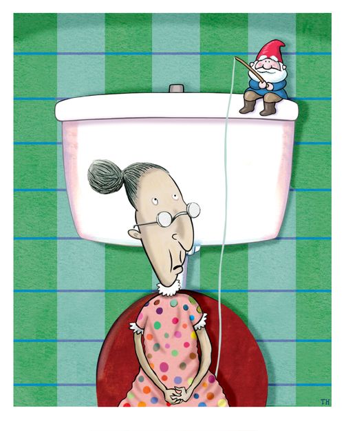 Garden gnome fishing indoors.