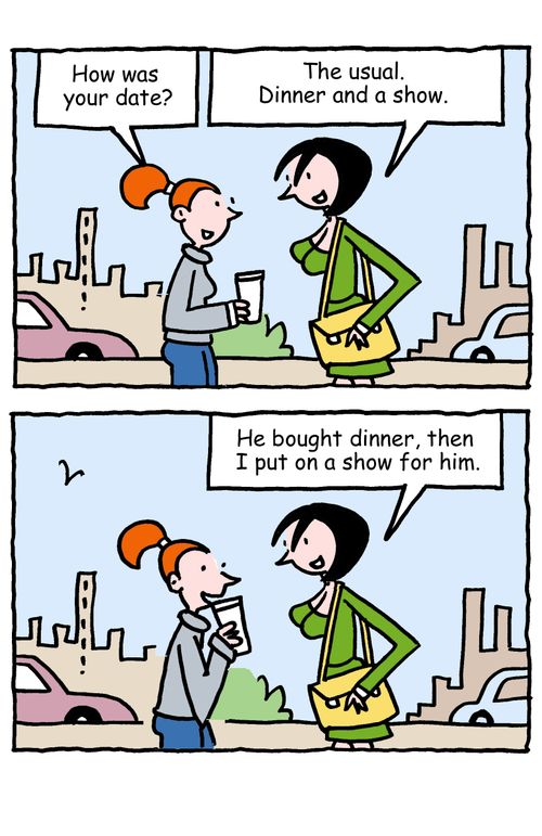 "The usual. Dinner and a show...He bought dinner and I put on a show for him."