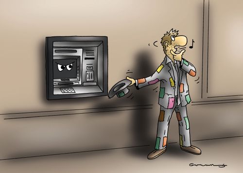 Beggar asks cash-point for money.