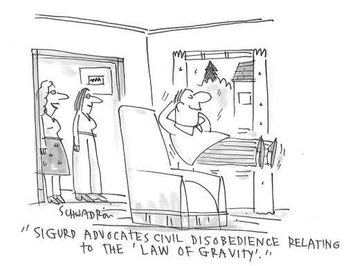 "Sigurd advocates civil disobedience relating to the 'law of gravity'."