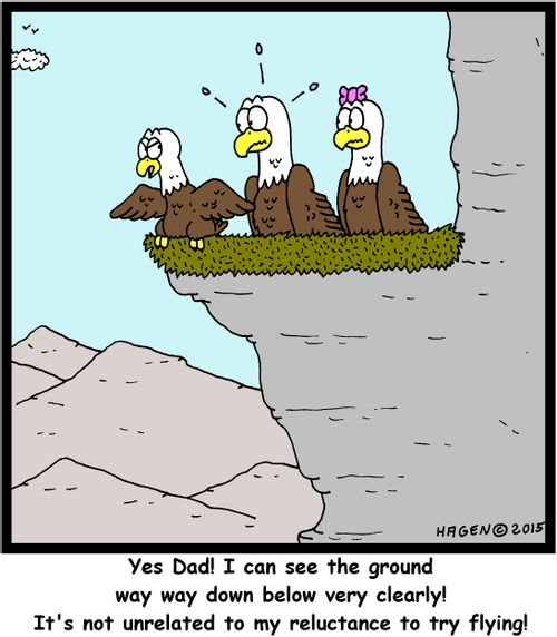 "Yes Dad! I can see the ground way way down below very clearly! It's not unrelated to my reluctance to try flying!"