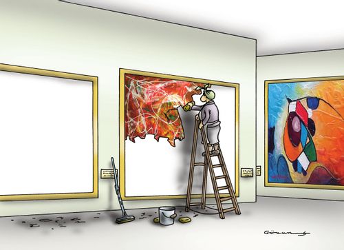 Cleaner cleaning up the paintings in a gallery.