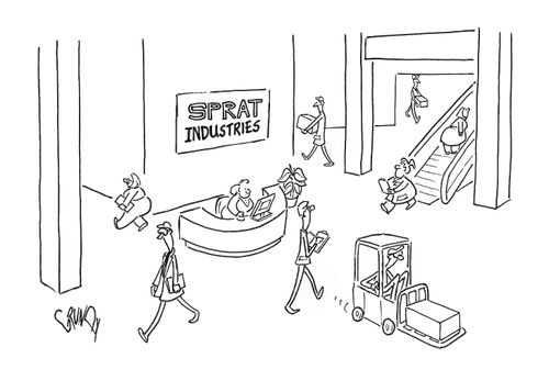 Lanky men and chubby women work at 'Sprat Industries'. 