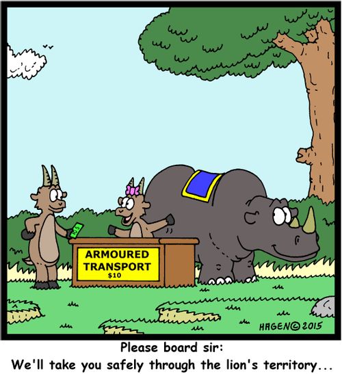 "Please board sir: We'll take you safely through the lion's territory..."