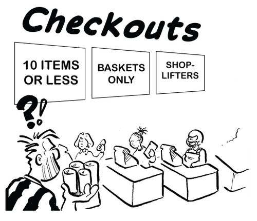 Checkouts: 10 Items or Less, Baskets Only and Shoplifters.