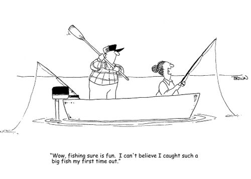 "Wow, fishing sure is fun. I can't believe I caught such a big fish my first time out."