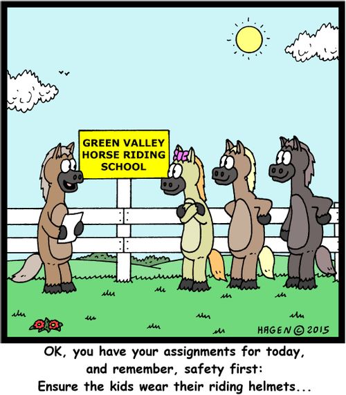 "OK, you have your assignments for today, and remember, safety first: Ensure the kids wear their riding helmets..."