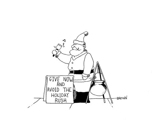 Santa ringing bell with sign "Give now and avoid the holiday rush."