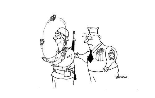 Military sergeant coming up on a private juggling grenades