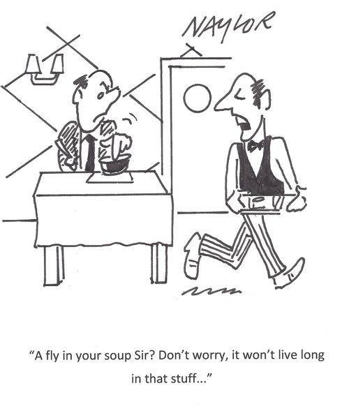 "A fly in your soup Sir? Don't worry, it won't live long in that stuff..."