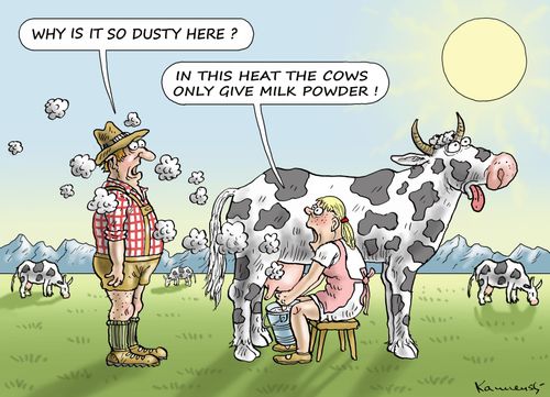 "In this heat the cows only give milk powder!"