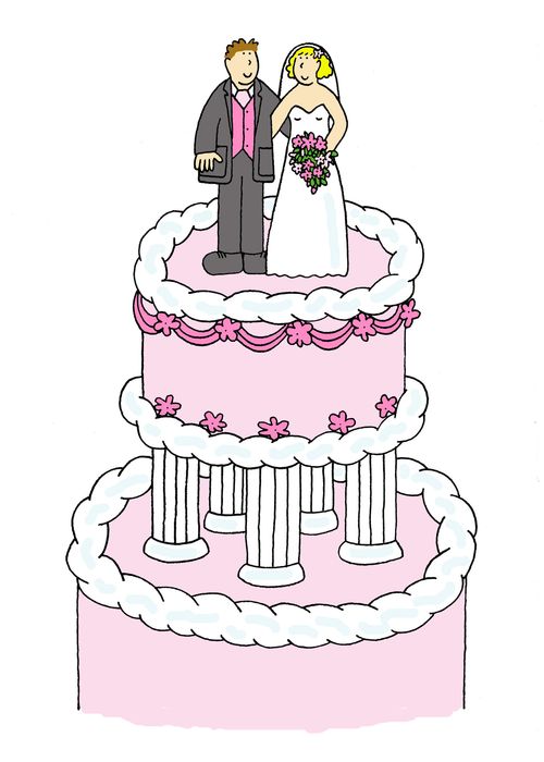 Bride and groom on top of wedding cake.
