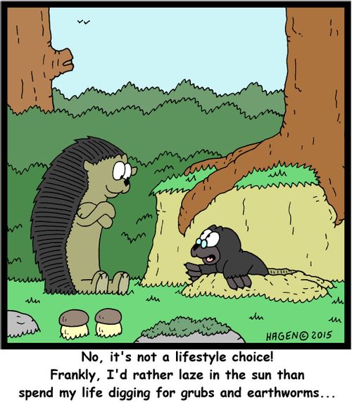 "No it's not a lifestyle choice! Frankly, I'd rather laze in the sun than spend my life digging for grubs and earthworms..."