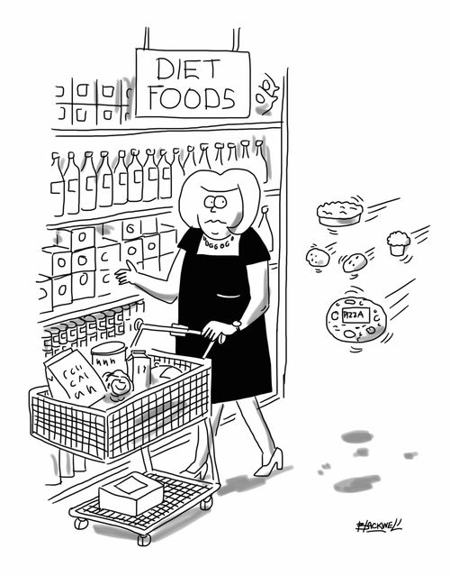 Woman on diet being chased by temptation.