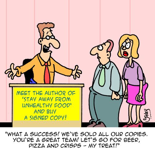 "What a success! We've sold all our copies. You're a great team! Let's go for beer, pizza and crisps - my treat!"