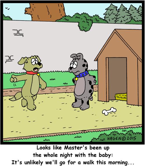 "Looks like Master's been up the whole night with the baby: It's unlikely we'll go for a walk this morning..."