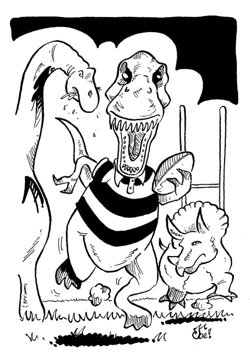Rugby playing dinosaurs.