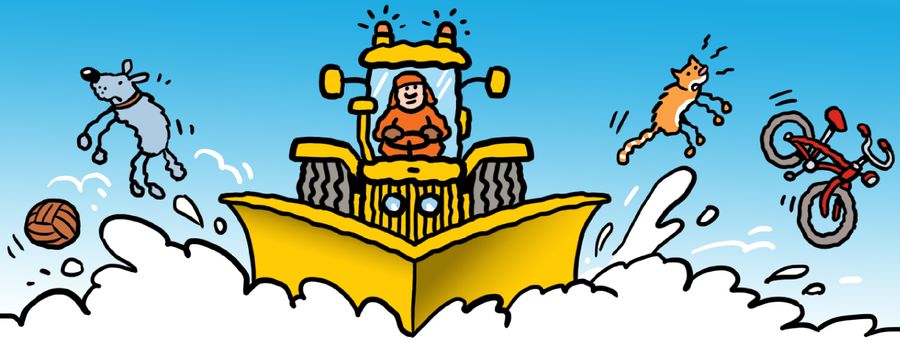 A snowplough throwing up pets and toys