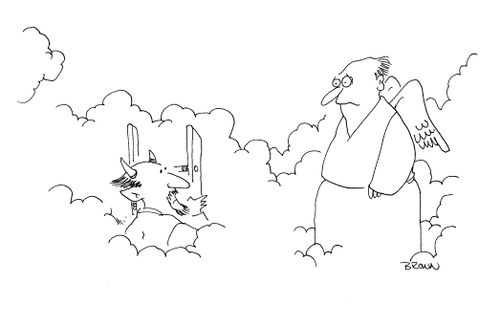 Devil climbing ladder into heaven.