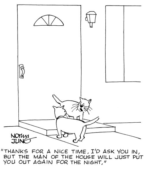 "Thanks for a nice time. I'd ask you in, but the man of the house will just put you out again for the night."