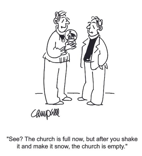 "See? The church is full now, but after you shake it and make it snow, the church is empty."