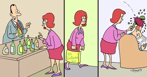 Woman buys a posh wine with which to cosh her husband.