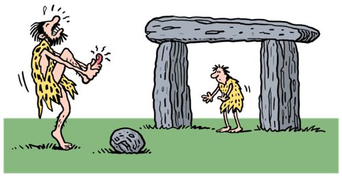Two cavemen playing football with rocks