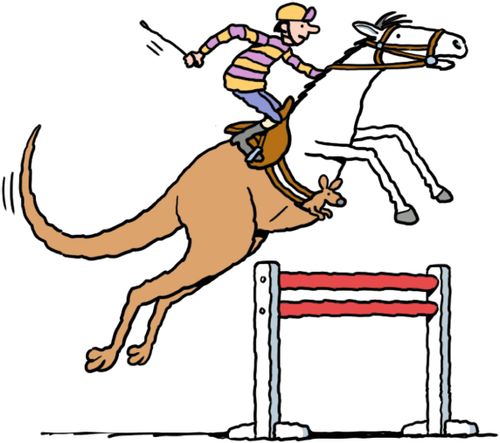 A jockey riding a half horse, half kangaroo.