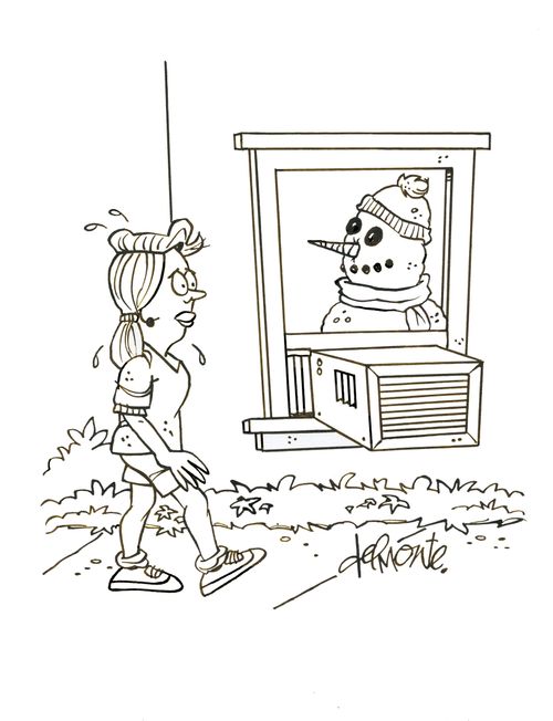 Woman walking in the heat sees a snowman inside a house with an air conditioner on.