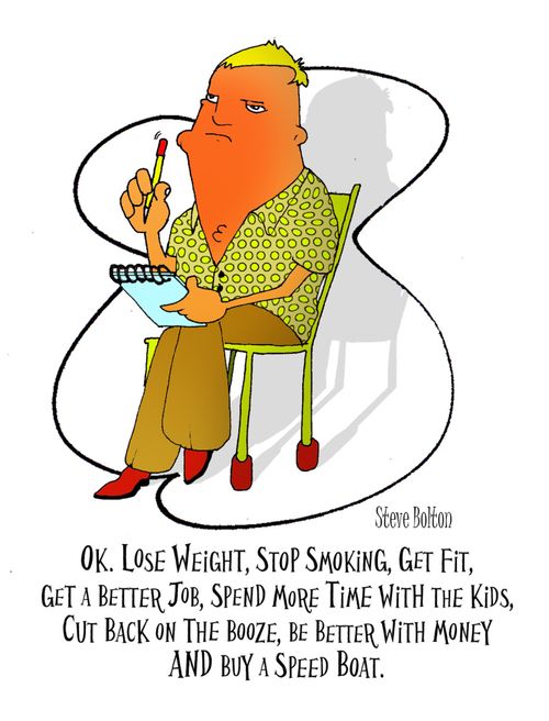 "OK. Lose weight, stop smoking, get fit, get a better job, spend more time with the kids, cut back on the booze, be better with money and buy a speed boat."