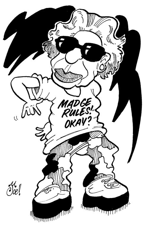 Queen with T-shirt "Madge rules! Okay?"