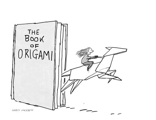 Origami horse leaping out of a book about origami