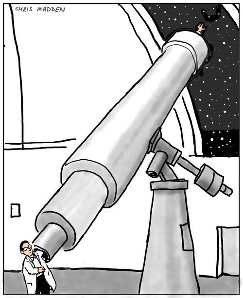 Astronomer reaching for the stars through a telescope (with his hand coming out of the top, near the stars).