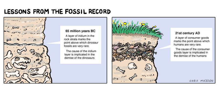 Lessons from the fossil record: Discarded consumer goods in the anthropocene layer in the rock strata.
