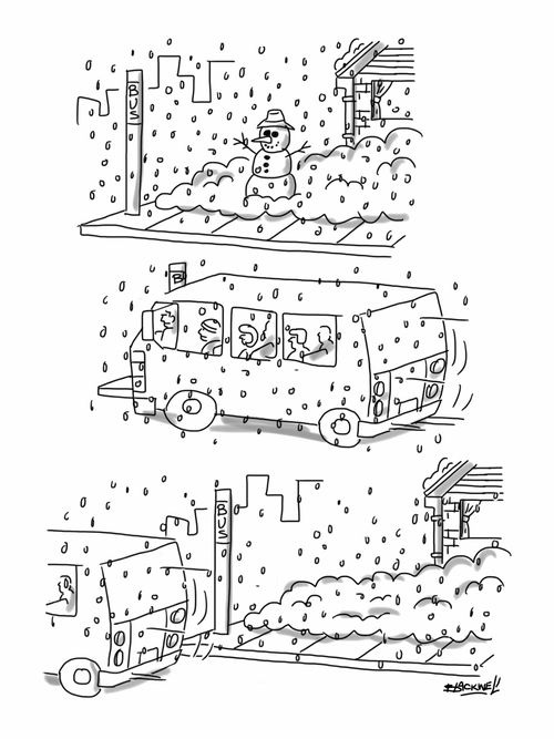 Snowman catches a bus.
