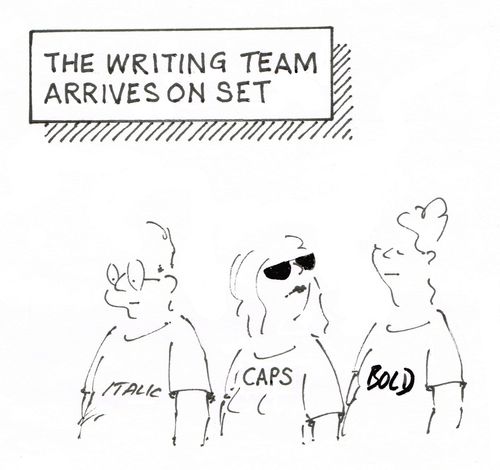 The writing team arrives on set.