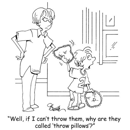 "Well, if I can't throw them, why are they called 'throw pillows'?"