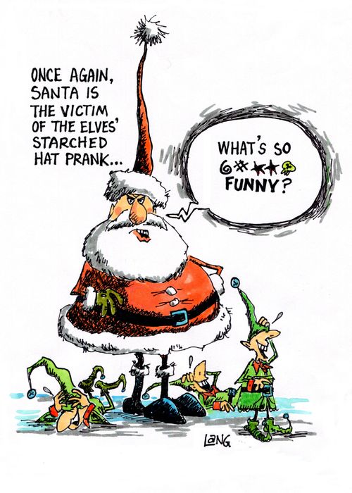 Once again, Santa is the victim of the elves' starched hat prank...