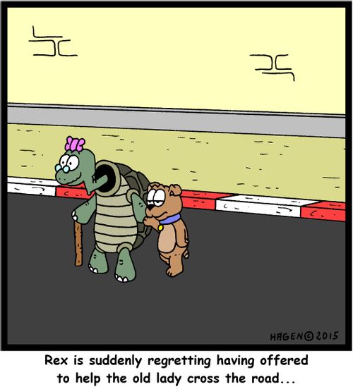 Rex is suddenly regretting having offered to help the old lady cross the road...
