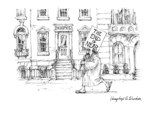 Man with 'The End is Near' sign walks past hospice.