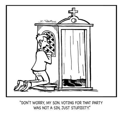 "Don't worry, my son. Voting for that party was not a sin, just stupidity."