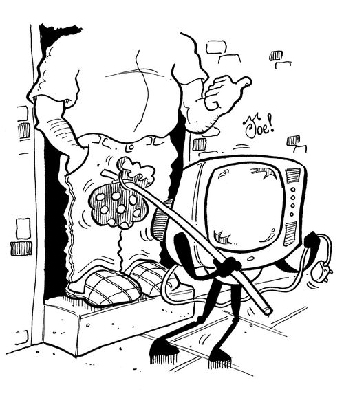 Man throwing out his outdated TV set.