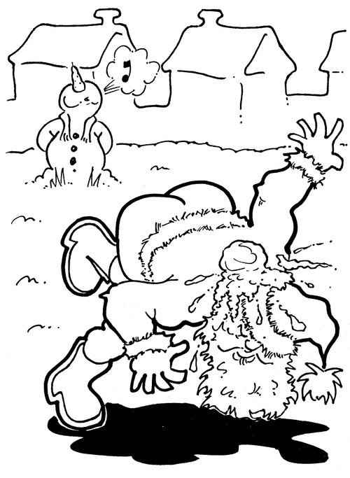 Snowman throws snowball at Santa.