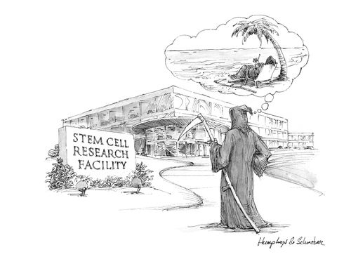 Death stares at stem cell research facility and imagines himself taking a vacation