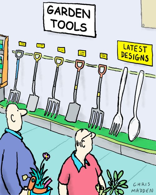 Garden spade and fork shaped like a knife and fork.