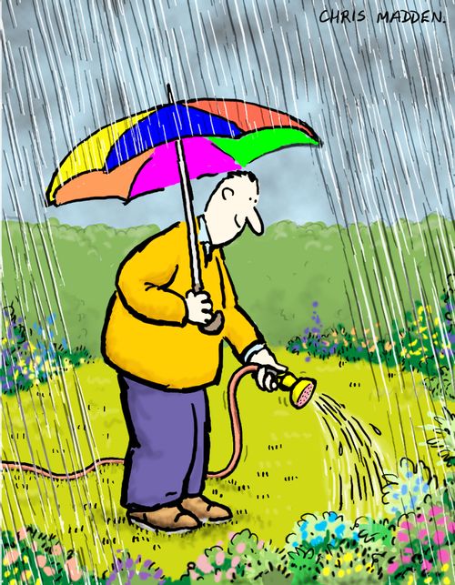 Watering the garden in the rain.