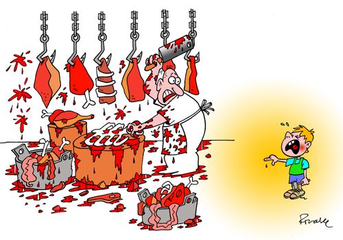 Boy gets upset by Butcher's Shop.