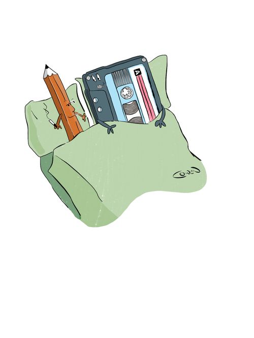 Implied sex between a pencil and a cassette tape